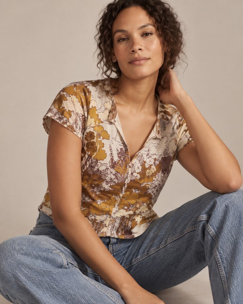 Anthropologie Pilcro Split-Neck Scenic Floral Cotton Modal Tee Top XS